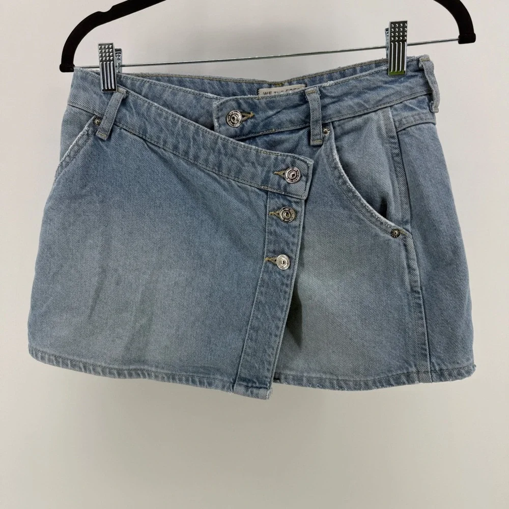 We The Free Free People‎ Denim Mini Skirt Asymmetrical Button Fly Blue Size 25